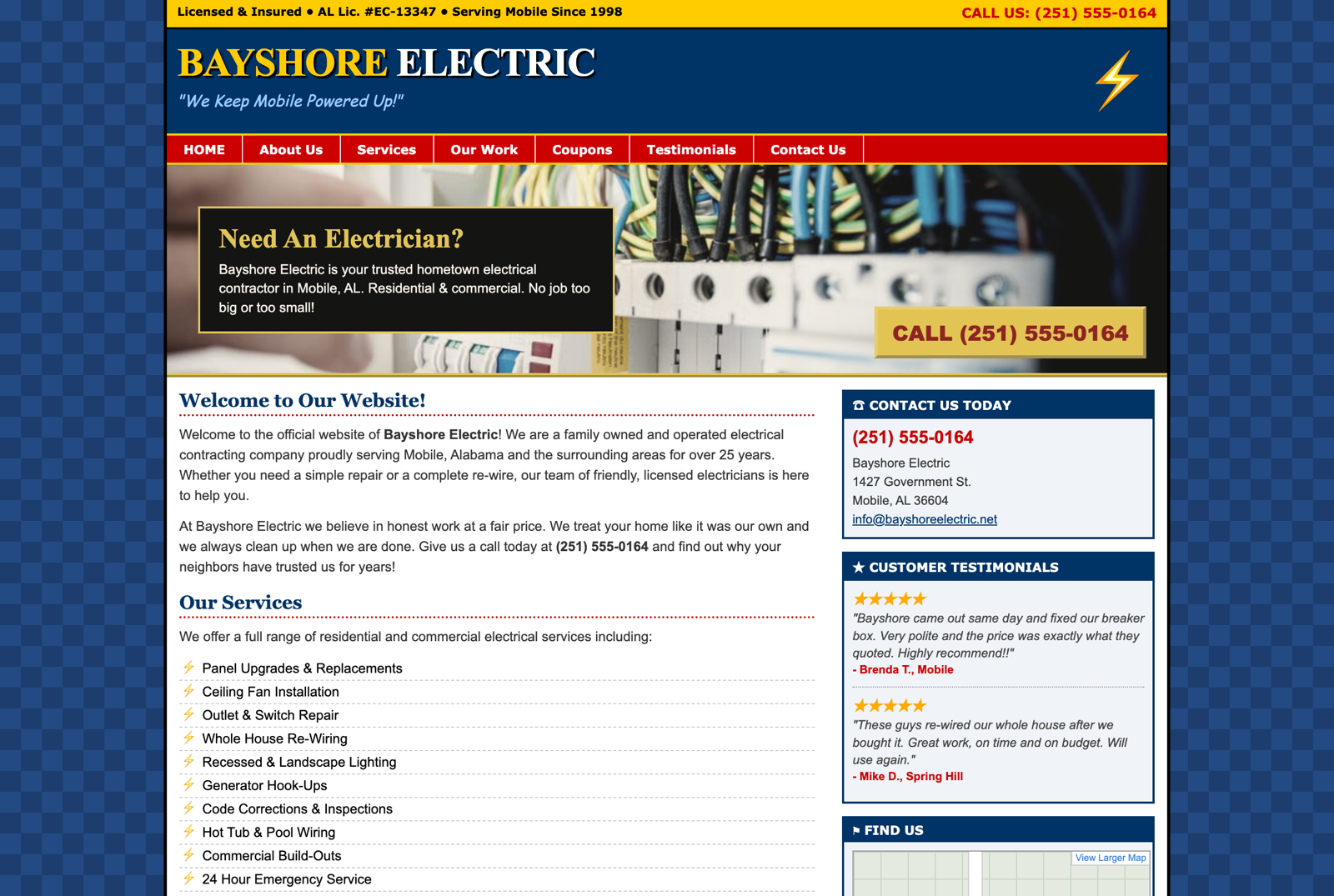 Bayshore Electric's dated builder-template website