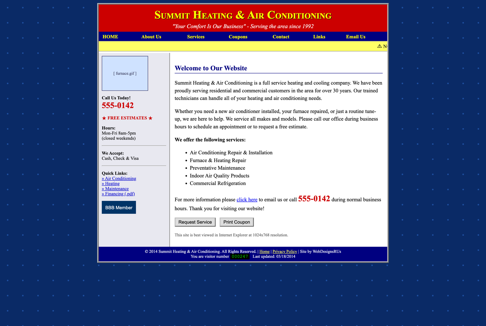 A dated HVAC website — cluttered and not mobile-friendly