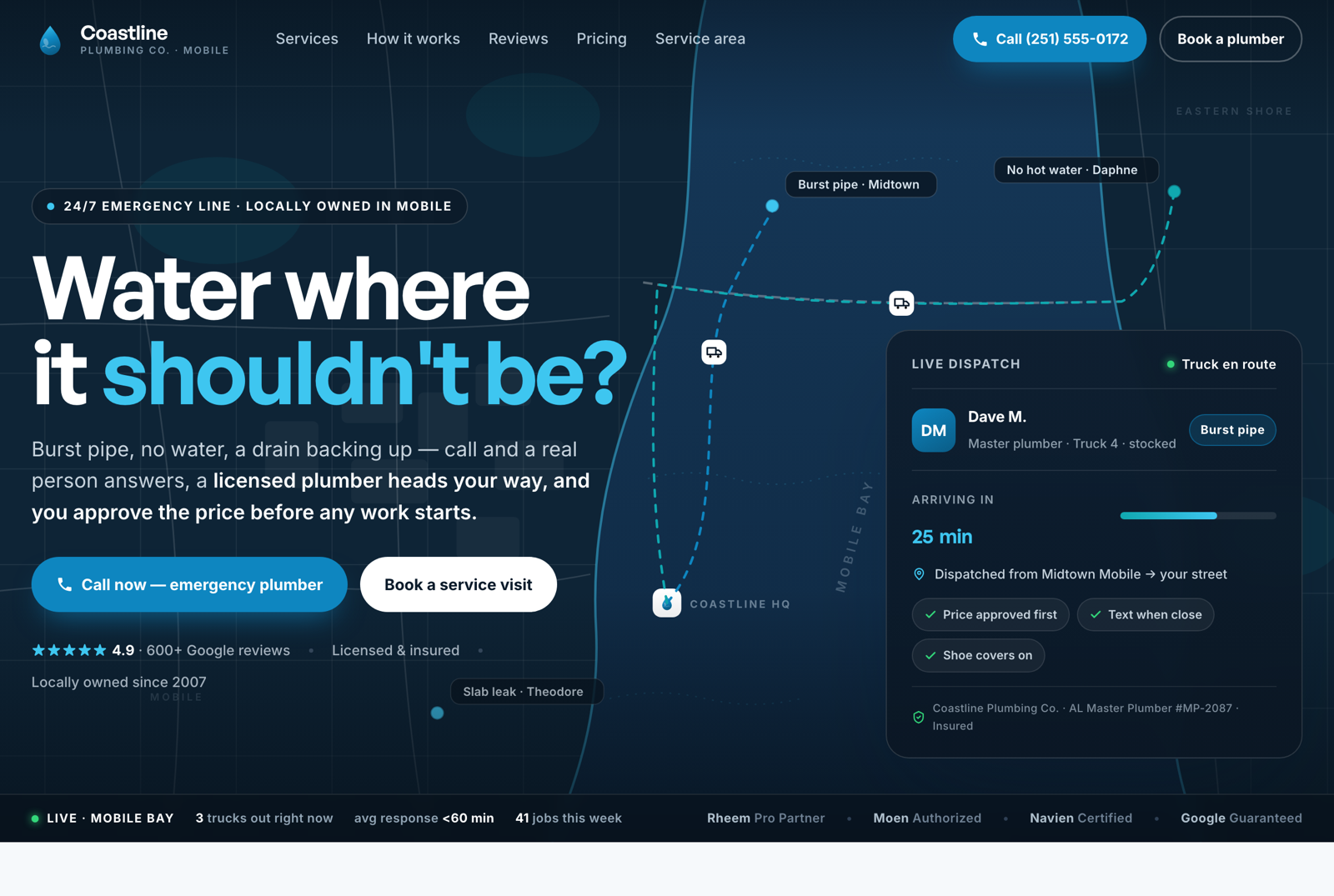 The rebuilt Coastline Plumbing website with live dispatch
