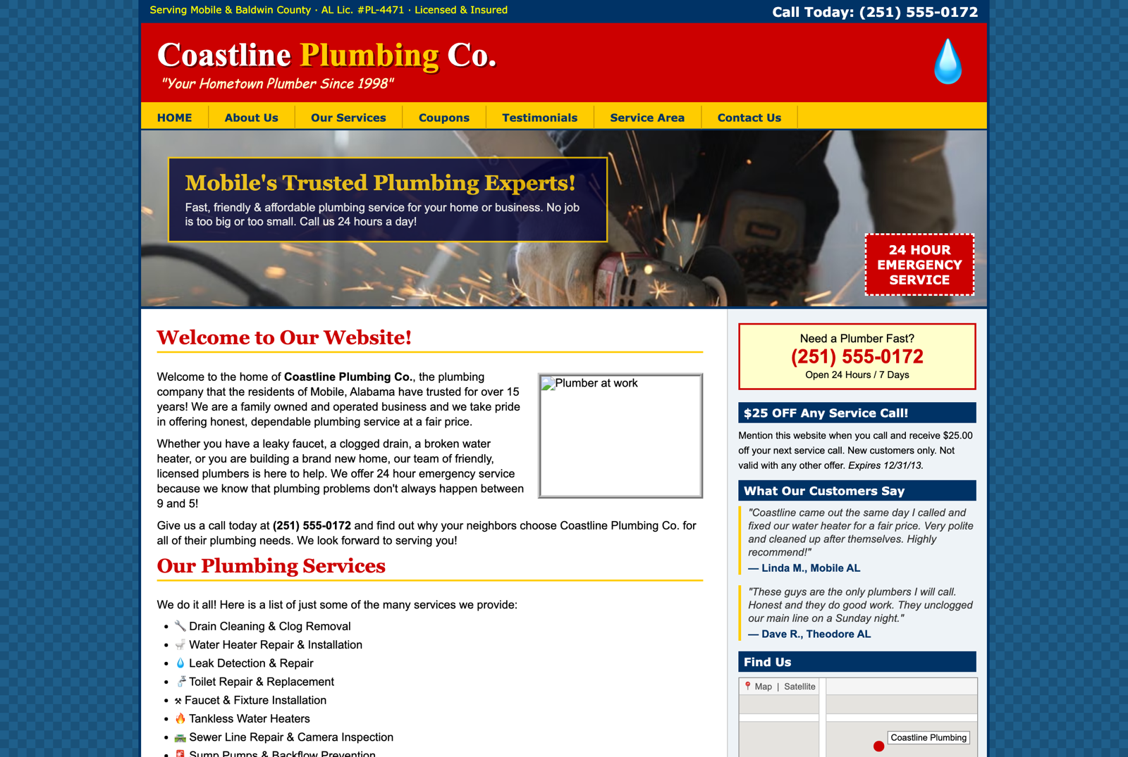 Coastline Plumbing's dated template website