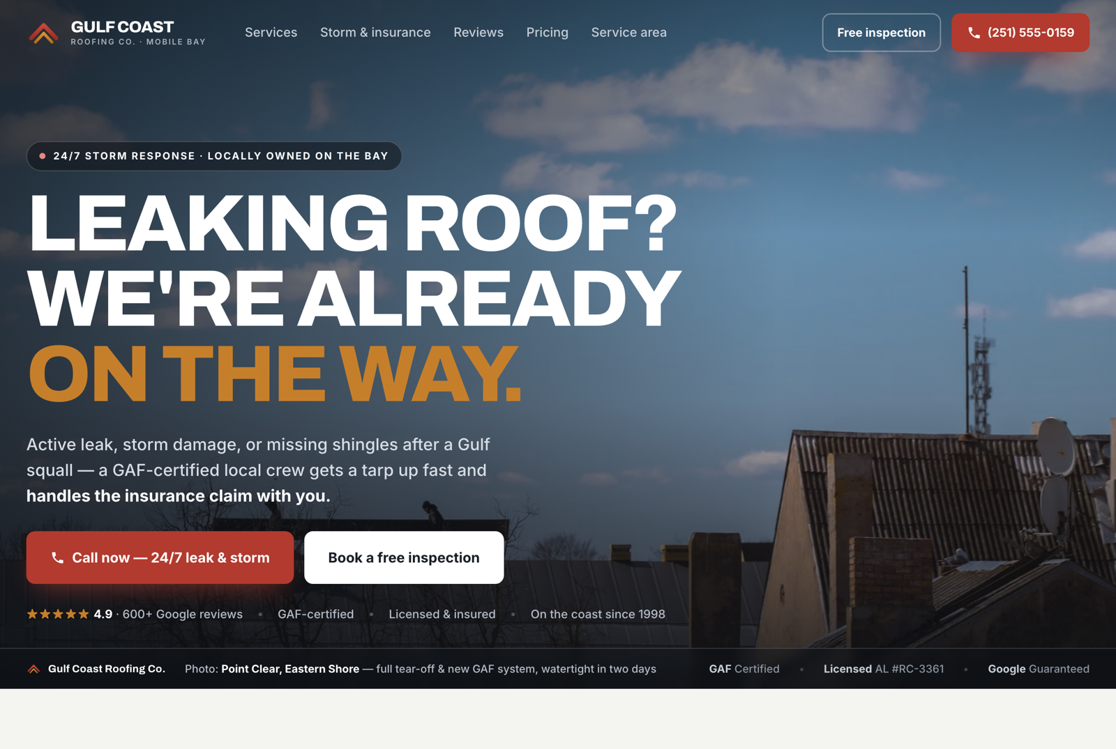 The rebuilt Gulf Coast Roofing website, storm and insurance focused