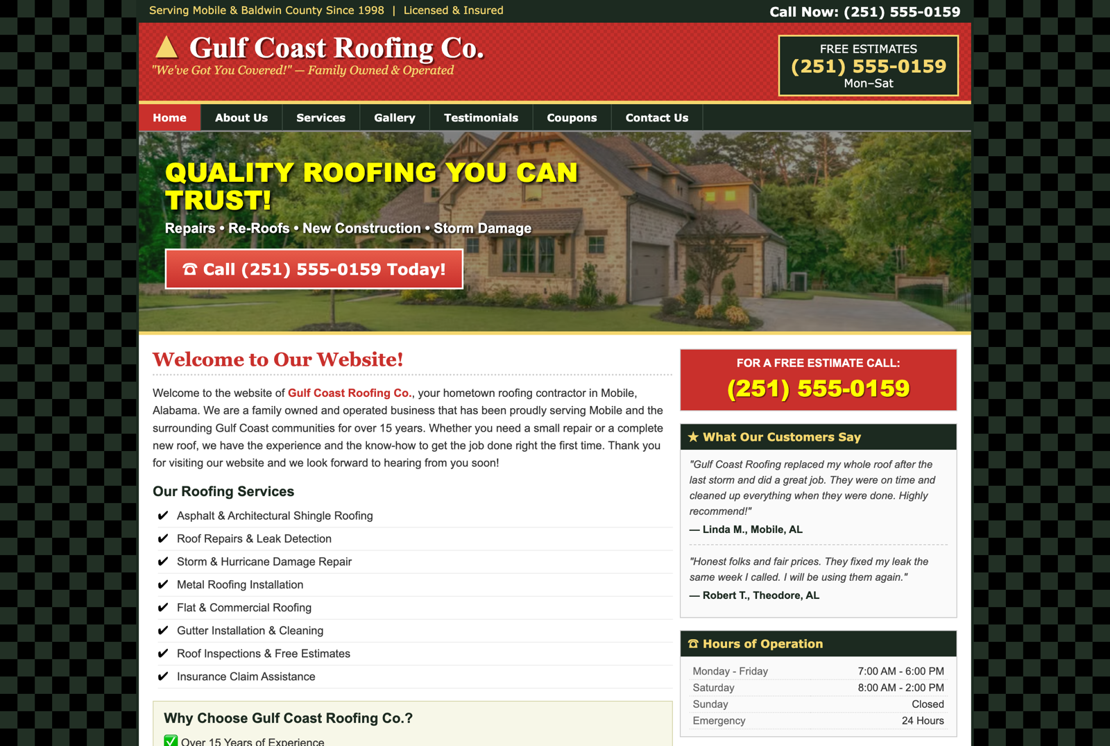Gulf Coast Roofing's dated website with an expired coupon
